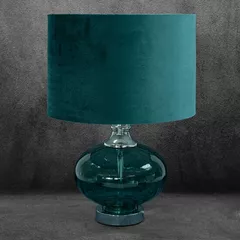 Lampa decorativa cu picior din sticla si abajur din catifea stralucitoare, de culoare turquoise, Sami 35X50 cm